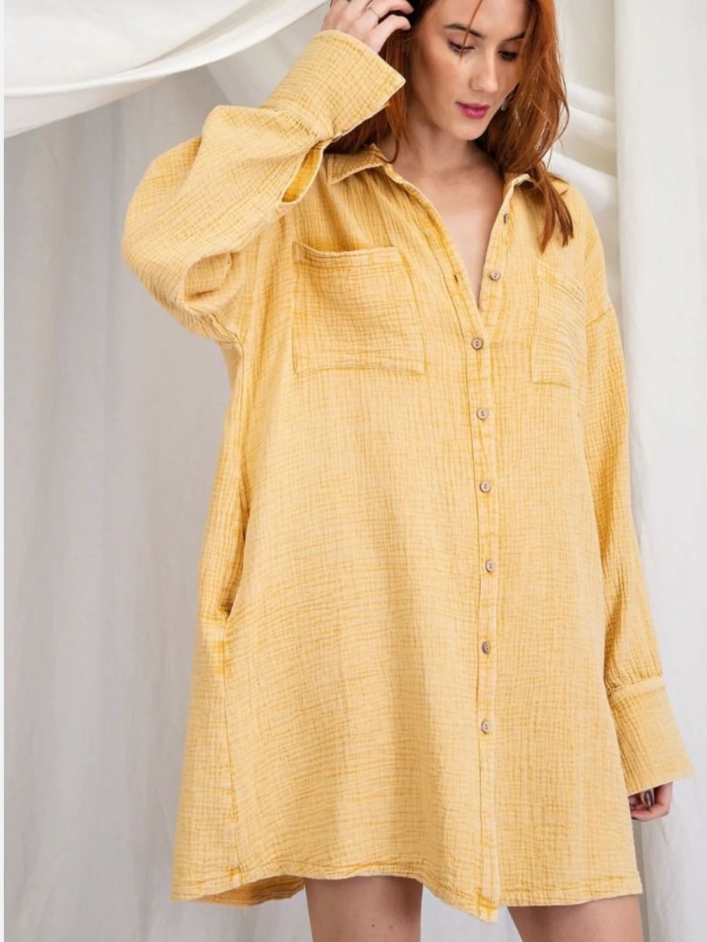 Lightweight Yellow Button-Front Women's Shirt Dress with Pockets